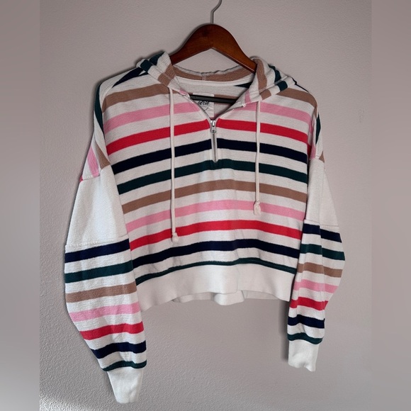 🌟 Aerie Cropped Striped Multicolor Women's Hoodie pink white brown size XS - Picture 1 of 6